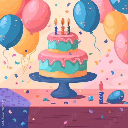 Colorful birthday celebration with a decorated cake  balloons  and confetti  perfect for festive party themes and joyful occasions.