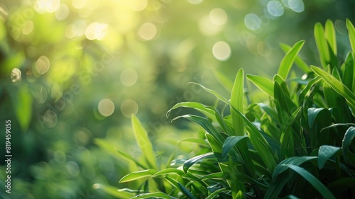 Close-up of lush green plants with sunlight bokeh