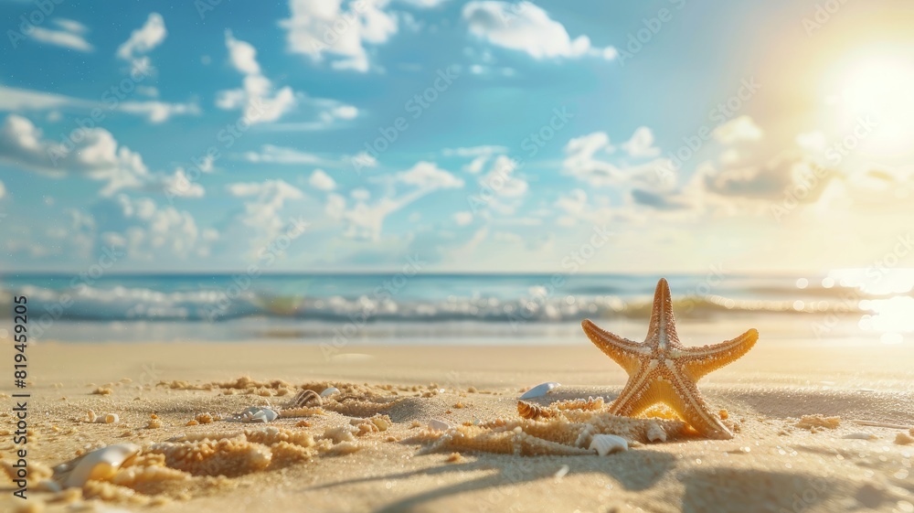 Starfish on sandy beach with ocean waves under sunny sky Starfish on sandy beach with ocean waves under sunny sky