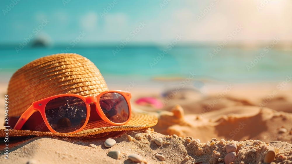 Sun hat and sunglasses on sandy beach near blue ocean Sun hat and sunglasses on sandy beach near blue ocean