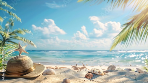 Sunny tropical beach with seashells  hat  and vibrant blue waves