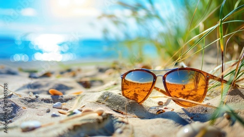 Wallpaper Mural Sunglasses on sandy beach near ocean reflecting sunlight Torontodigital.ca