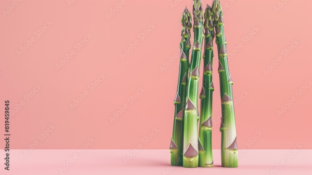 Asparagus, a photorealistic illustration against pastel pink background with copy space for text or logo, beautifully illuminated by studio lighting, flat lighting Asparagus, a photorealistic illustration against pastel pink background with copy space for text or logo, beautifully illuminated by studio lighting, flat lighting