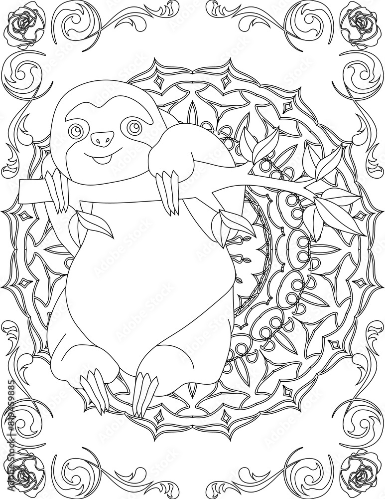Sloth on Mandala Coloring Page. Printable Coloring Worksheet for Adults and Kids. Educational Resources for School and Preschool. Mandala Coloring for Adults