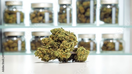 Close-up of cannabis buds on white surface with glass jars in background during daytime.