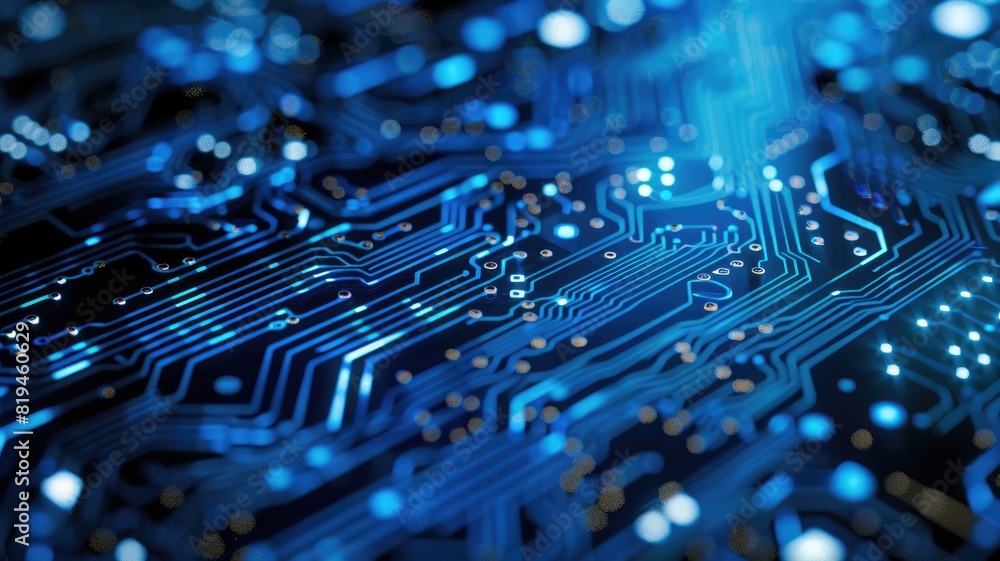 Close-up of blue circuit board with glowing pathways Close-up of blue circuit board with glowing pathways