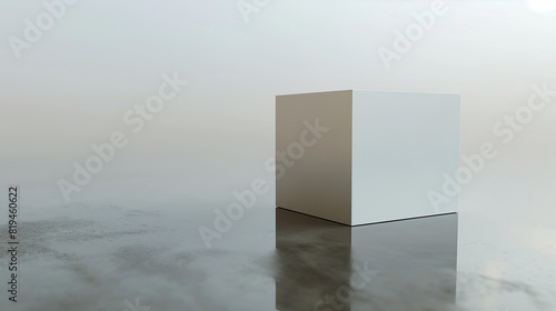 A white cube sits on a reflective surface with a grey background.  