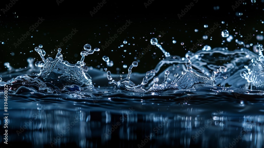 blue water splash on dark background for abstract water freshness concept