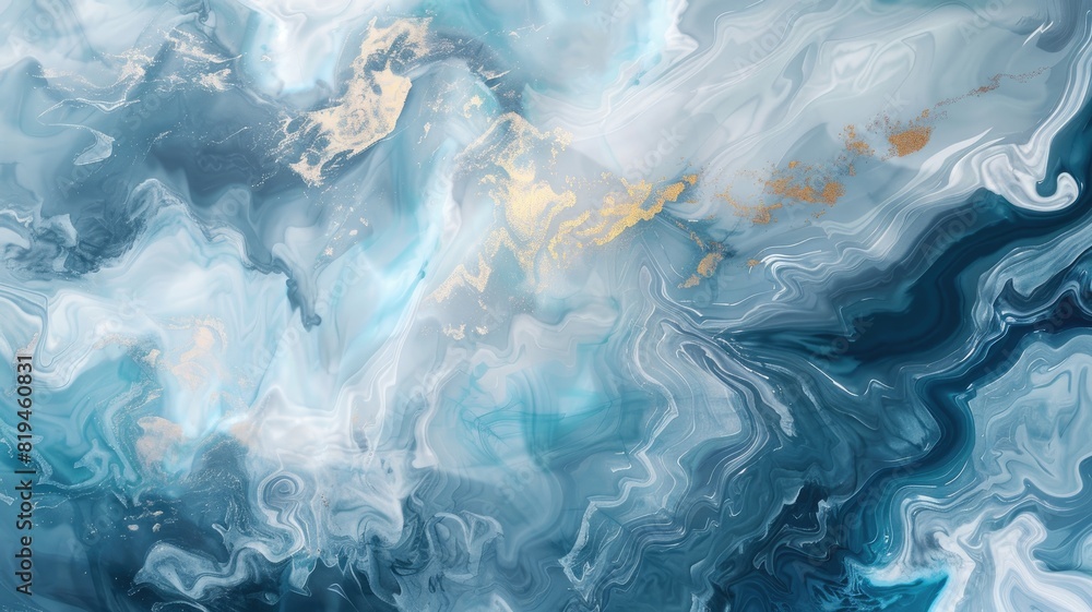 Abstract fluid painting with blue, white, and gold swirls
