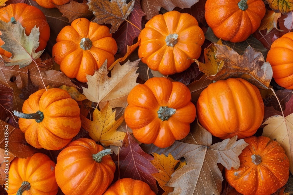 Minimalist Thanksgiving background with a simple pattern of pumpkins and autumn leaves in earth tones Minimalist Thanksgiving background with a simple pattern of pumpkins and autumn leaves in earth tones