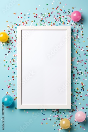Ilustración de cuadro en blanco decorado con confeti y globos de colores sobre fondo azul. photo