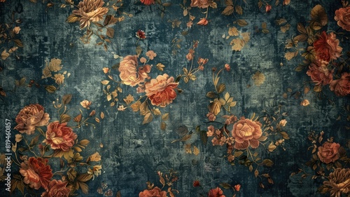 Vintage floral wallpaper with vivid red and orange flowers on textured, faded blue background © Татьяна Макарова