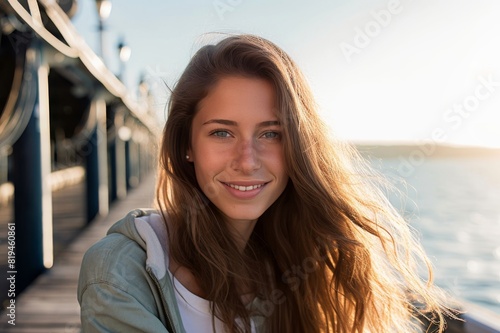 portrait of happy young woman on jetty at backlight