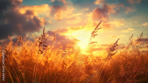 Serene sunset over golden wheat field with cloudy sky