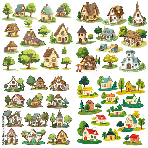 Four sets of houses with trees in the background. The houses are all different sizes and styles, with some having chimneys and others having windows. Scene is peaceful and serene, with the houses