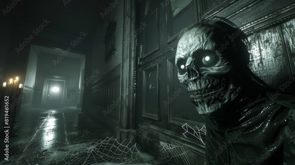 Creepy Skull-Faced Creature in Dark Hallway with Flickering Lantern Light Creepy Skull-Faced Creature in Dark Hallway with Flickering Lantern Light