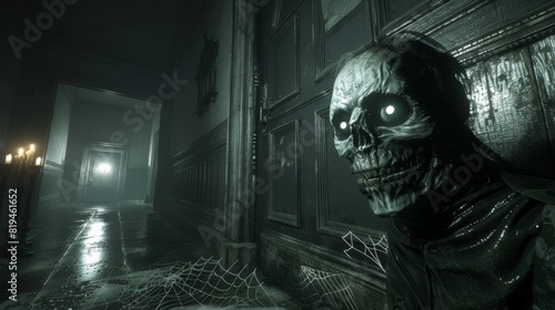 Creepy Skull-Faced Creature in Dark Hallway with Flickering Lantern Light