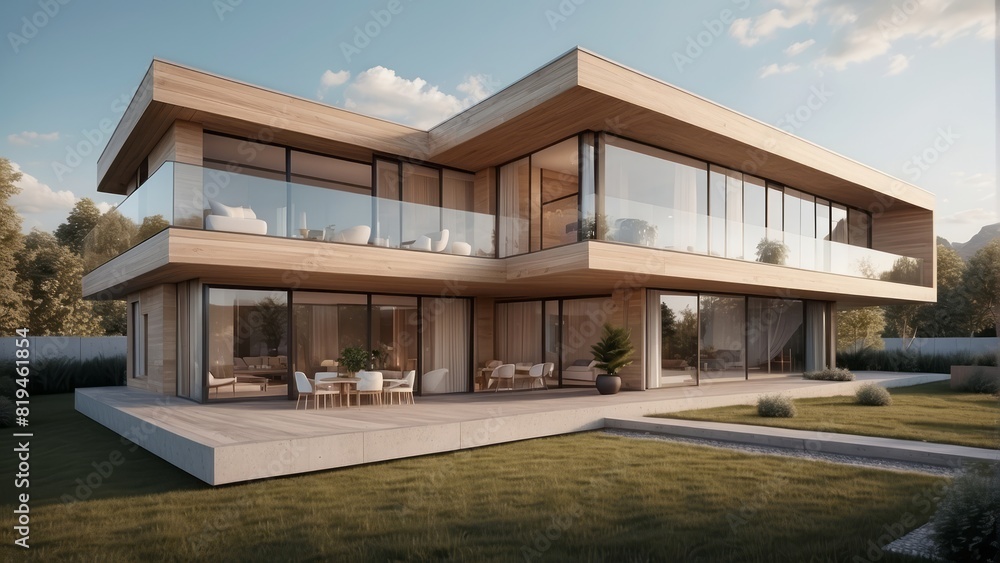 Fototapeta premium Architecture modern elite house with courtyard and large glass windows, 3D building design illustration