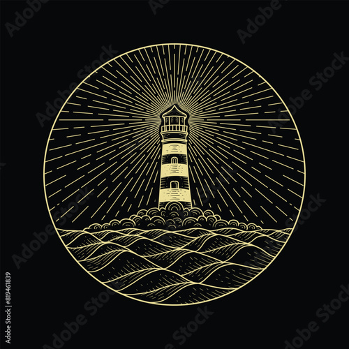 Lighthouse at night in the middle of the sea with calm and peaceful waves