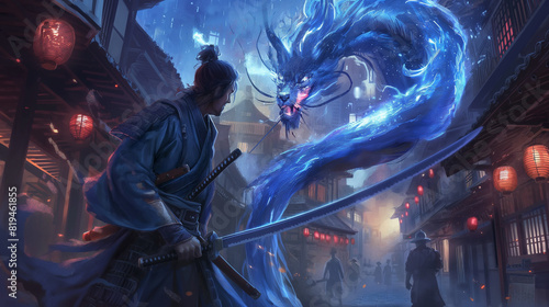 A samurai is fighting a blue dragon in a city.