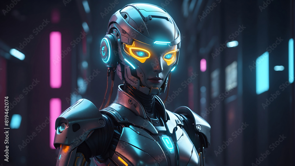 A futuristic robot figure in sleek dark metallic armor with glowing orange accents stands in a dimly lit environment and a helmet with a glowing visor A futuristic robot figure in sleek dark metallic armor with glowing orange accents stands in a dimly lit environment and a helmet with a glowing visor