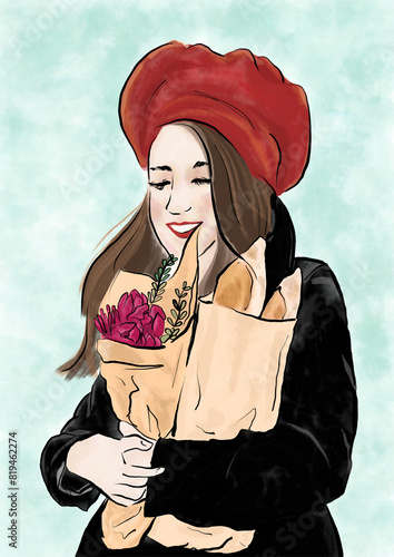 Digital art a smiling woman in a black dress and hat carries a shopping bag and flowers, embodying holiday fashion joy