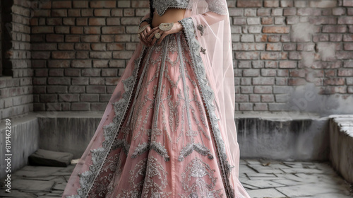  pink and silver embroidered traditional Indian skirt called a Lehenga. photo