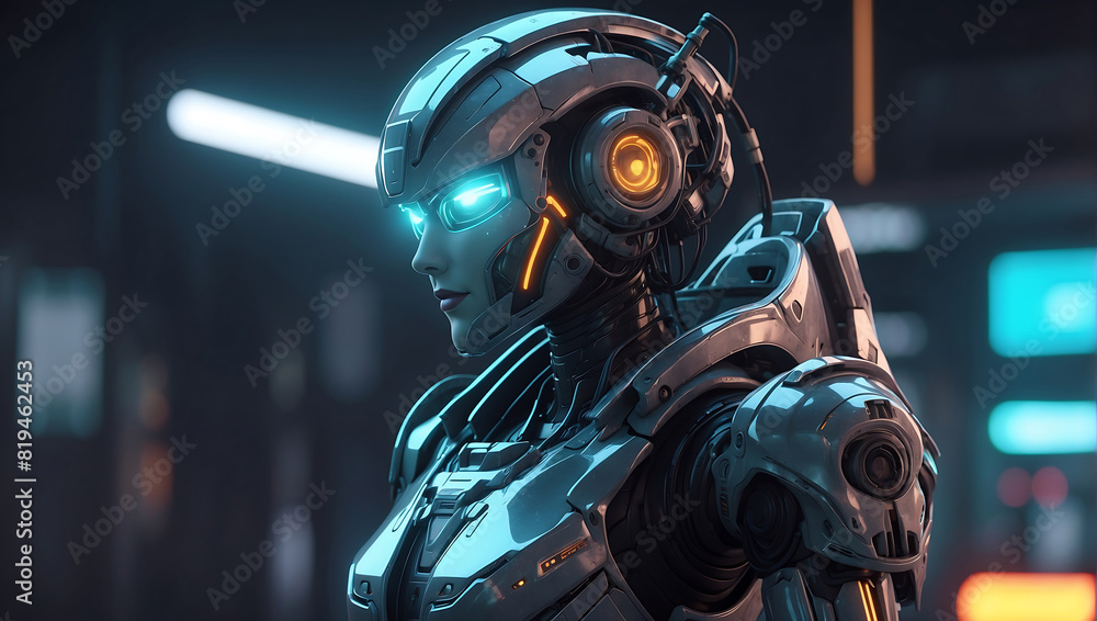 A futuristic robot figure in sleek dark metallic armor with glowing orange accents stands in a dimly lit environment and a helmet with a glowing visor A futuristic robot figure in sleek dark metallic armor with glowing orange accents stands in a dimly lit environment and a helmet with a glowing visor