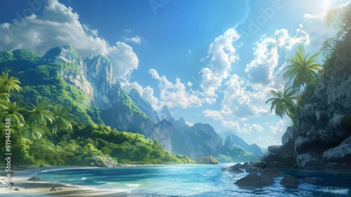 Photo landscape of the ocean bathed in beautiful sunlight with mountains in the background