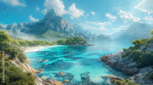 Picture of a mountain with a blue ocean summer paradise and mountains in the background