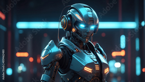 A futuristic robot figure in sleek dark metallic armor with glowing orange accents stands in a dimly lit environment and a helmet with a glowing visor