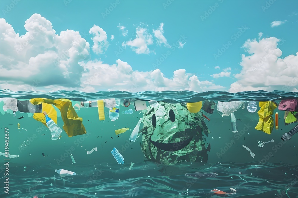 A smiling face is floating in a sea of plastic waste. Concept of ...