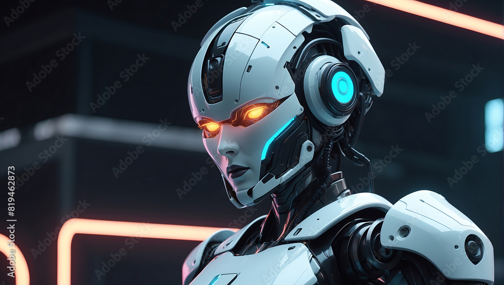 A futuristic robot figure in sleek dark metallic armor with glowing orange accents stands in a dimly lit environment and a helmet with a glowing visor A futuristic robot figure in sleek dark metallic armor with glowing orange accents stands in a dimly lit environment and a helmet with a glowing visor