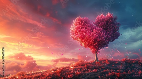 surreal pink heartshaped tree in dreamy sunset landscape love and romance concept digital painting photo