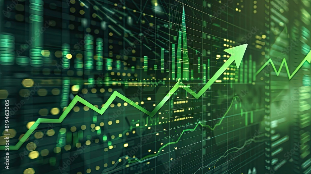 business finance chart . green arrow pointing up on digital green background, financial growth and success for business business finance chart . green arrow pointing up on digital green background, financial growth and success for business