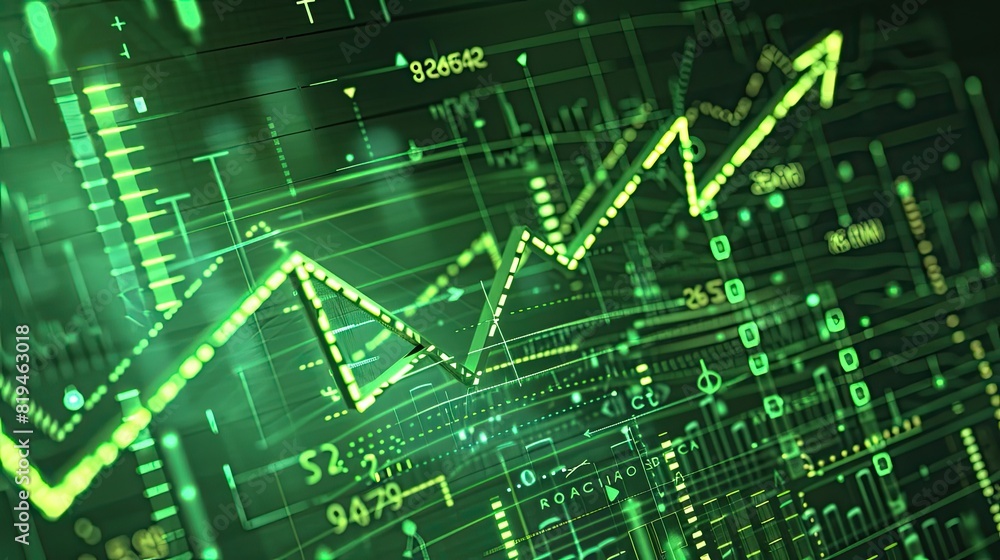 business finance chart . green arrow pointing up on digital green background, financial growth and success for business business finance chart . green arrow pointing up on digital green background, financial growth and success for business