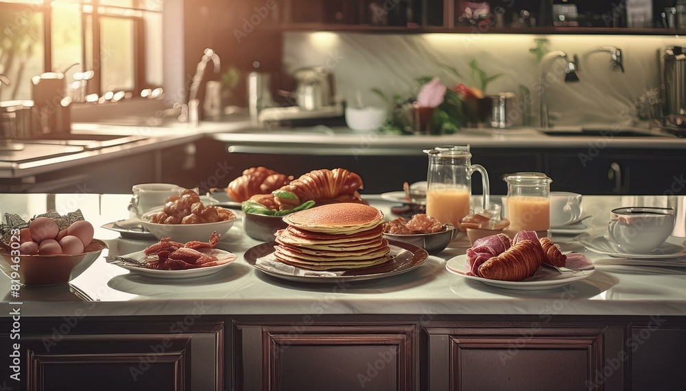 gourmet breakfast on top of the kitchen counter with pancakes, eggs, sausages, ham, croissants and fruit