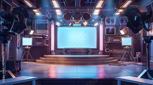 television studio set preparation for talk show variety program behind the scenes entertainment industry concept digital illustration photo