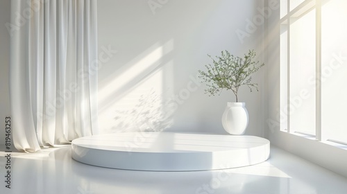 white circular podium gently lit by the morning sun from the front with tree