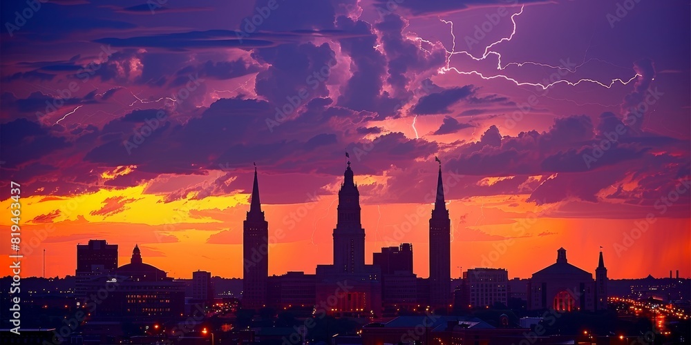 Dramatic Sunset and Lightning over City Skyline Capturing Nature's Fury and Beauty