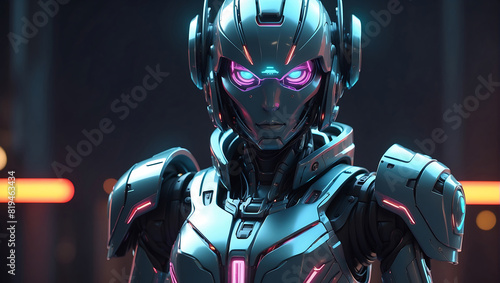 A futuristic robot figure in sleek dark metallic armor with glowing orange accents stands in a dimly lit environment and a helmet with a glowing visor © mdaktaruzzaman