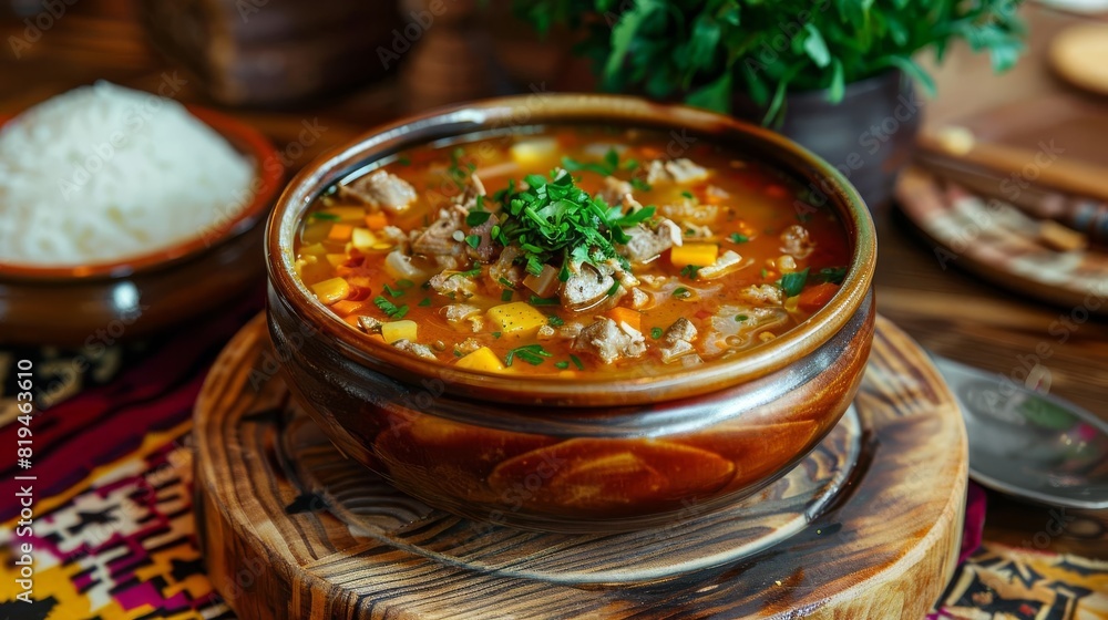 traditional lagman soup with meat and vegetables cozy central asian restaurant scene with wooden table traditional lagman soup with meat and vegetables cozy central asian restaurant scene with wooden table