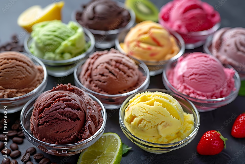 Colorful Ice Cream Bowls with Fresh Fruits and Coffee Beans on Dark Background, Close-up Shot Colorful Ice Cream Bowls with Fresh Fruits and Coffee Beans on Dark Background, Close-up Shot