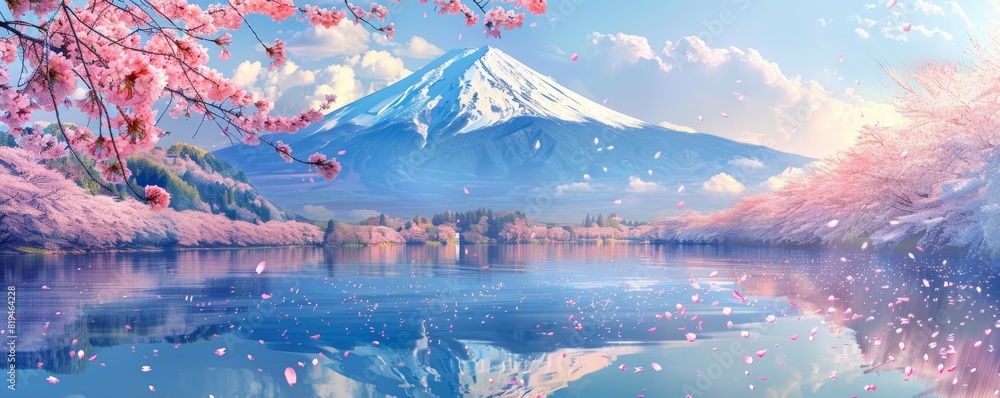 Romantic and scenic illustration of Mount Fuji and cherry blossoms in a tranquil spring setting