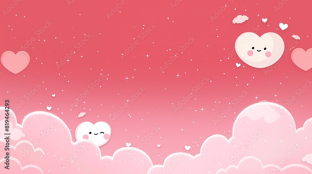 Lovely Kawaii Valentine's Day Background in Red and Pink Colors with Cute Elements