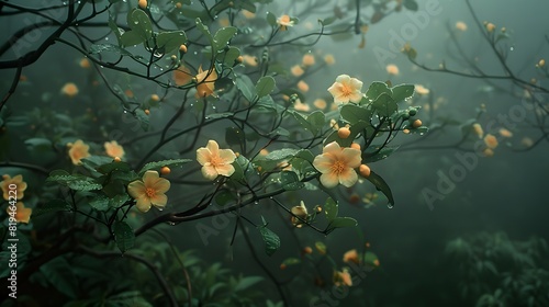A close up of small flowers on the branches  in the vintage style  with dark green leaves and yellow orange blossoms  in a cinematic forest setting with a moody. 