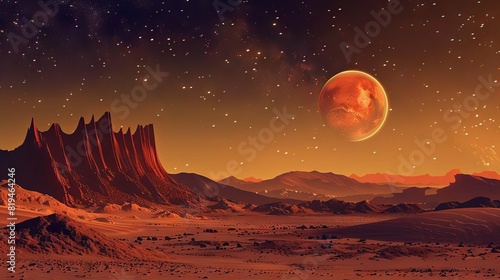vast mars planet landscape with rugged terrain under starry sky astronomy illustration photo