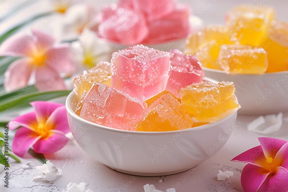 Pink Jelly and White Milk Dessert with Rambutan Fruit and Frangipani Flowers, Top View Close-up Shot
Pink Jelly and White Milk Dessert with Rambutan Fruit and Frangipani Flowers, Top View Close-up Shot