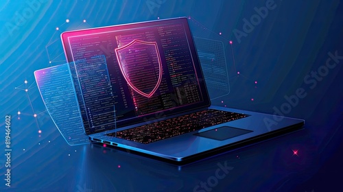 Cyber security  data protection  cyberattacks concept on blue background. Database security software development. Online security concept. Laptop protected with shield