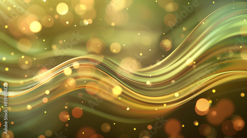 An abstract wavy background in ochre and olive green  with earthy multicolor blur bokeh lights.